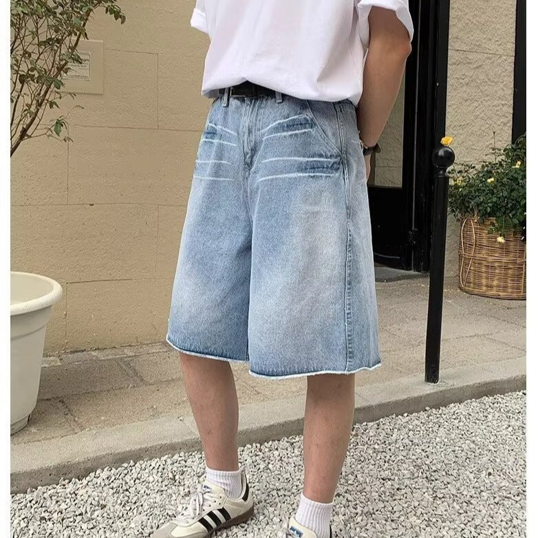 Frayed Mid-Length Retro Denim Cropped Shorts