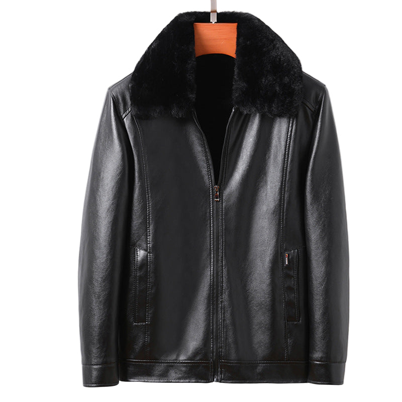 Men’s Winter Thickened Leather Jacket with Fur Collar