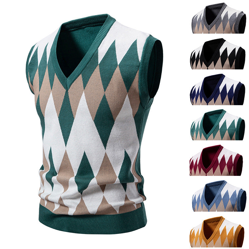 Sleeveless Sweater – Plaid V-Neck Vest for Men