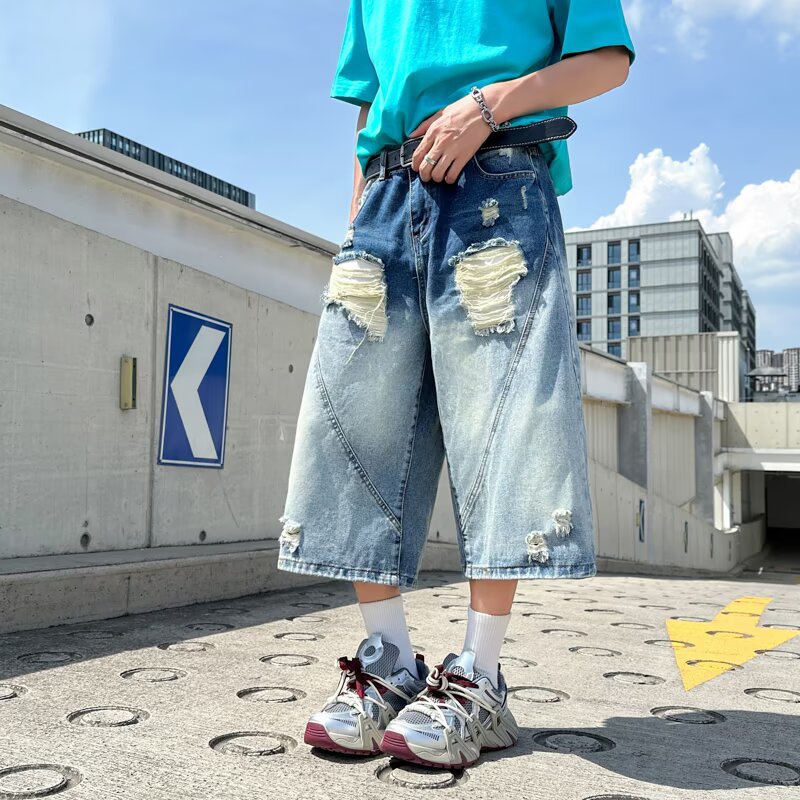 Gradient Washed Ripped Summer Cropped Denim
