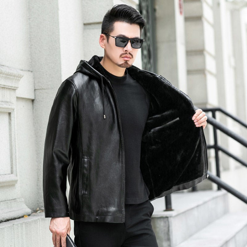 Men’s Hooded Leather Jacket Fur Lined Motorcycle Winter Coat