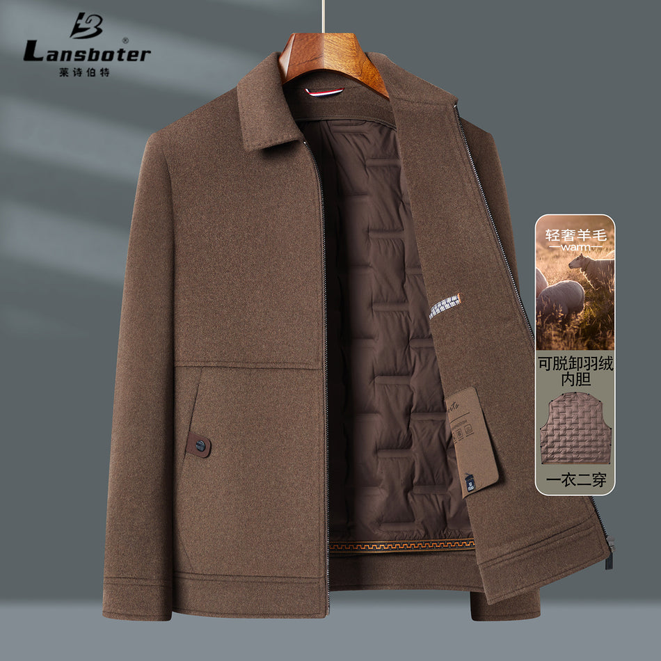 Men’s Business Down Wool Coat – Detachable Liner Double-Sided Jacket for Autumn/Winter
