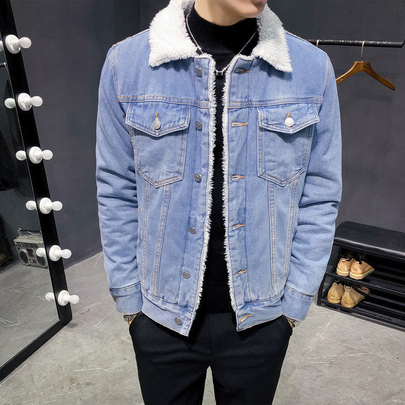 Men's Winter Fur Collar Denim Jacket Fleece-Lined Slim Fit Coat