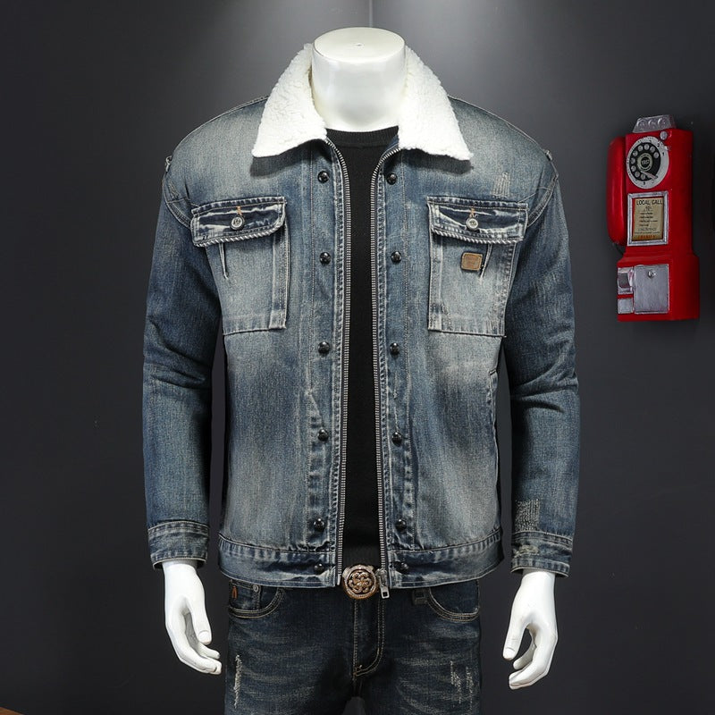 Men's Fleece-Lined Denim Coat Warm Lamb Fur Collar Jacket 2023