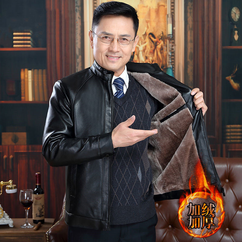 Men’s Mid-Length Leather Coat Thick Fleece Dad Jacket