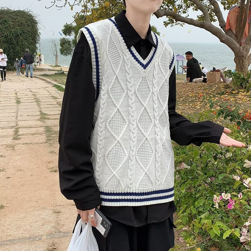 Men’s Sleeveless Sweater – Contrast V-Neck College Style Vest