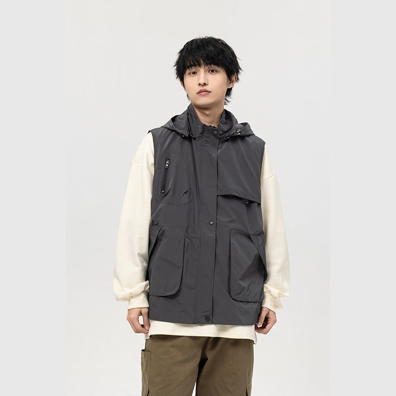 Japanese Hooded Workwear Vest – Men’s Spring & Autumn Multi-Pocket Top