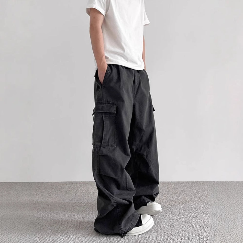 Retro Washed Black Cargo Pants Men’s Wide Leg Drawstring