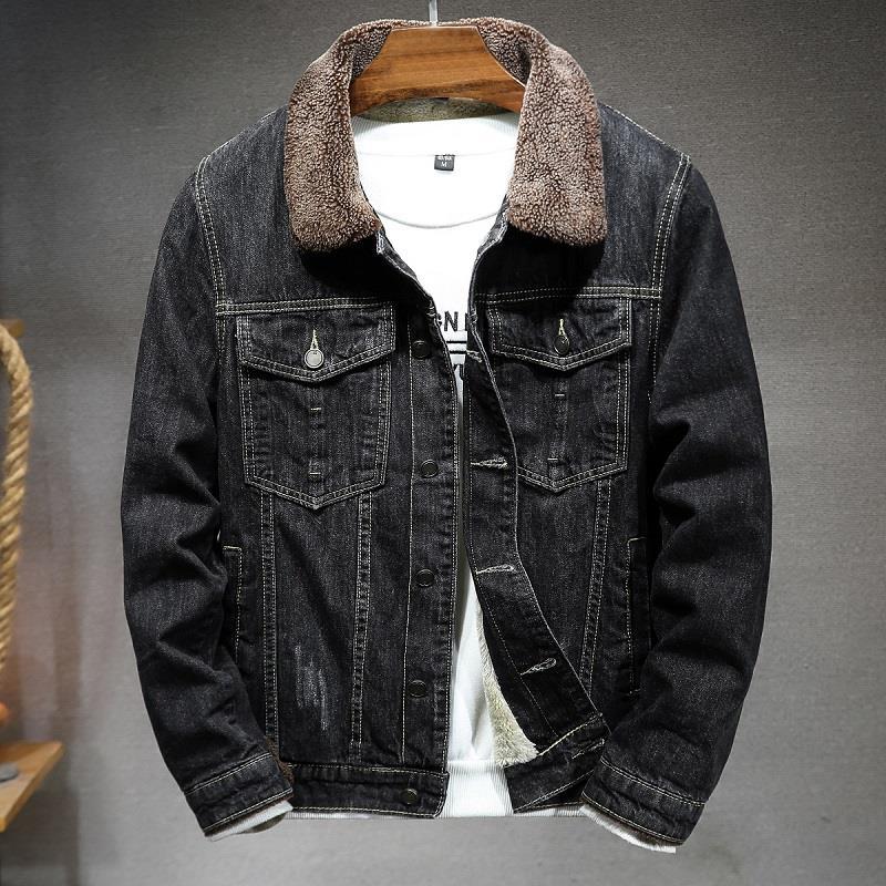 Men’s Black Denim Jacket | Fleece-Lined Wool Collar Thick Winter Coat