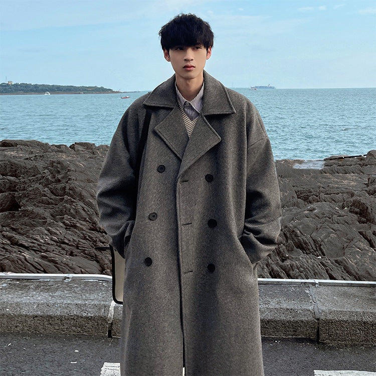 Men’s Double-Breasted Wool Overcoat – Winter Mid-Length Coat