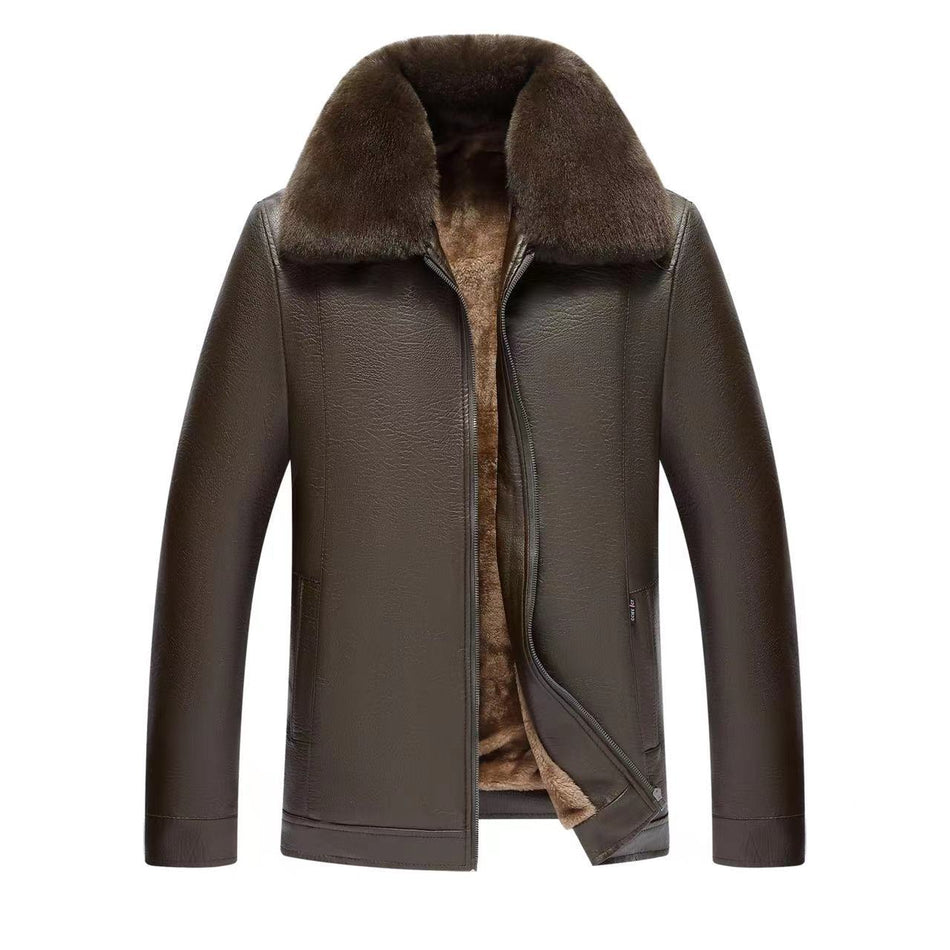Men’s Fur Collar Leather Coat Fleece-Lined Winter Warm