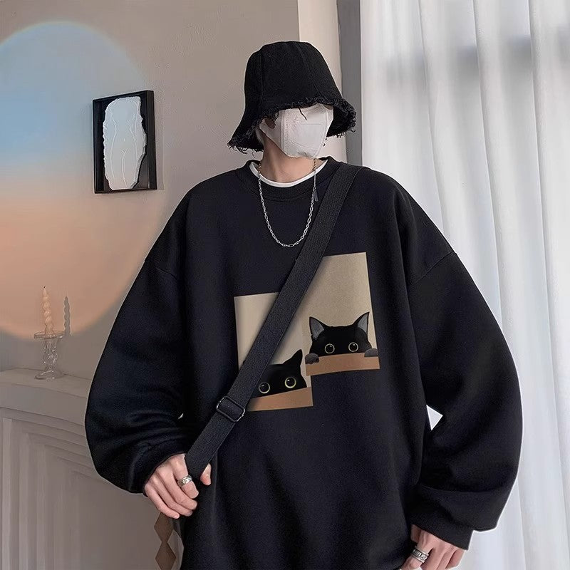 Hong Kong Style Cat Print Sweatshirt – Youth Loose Pullover