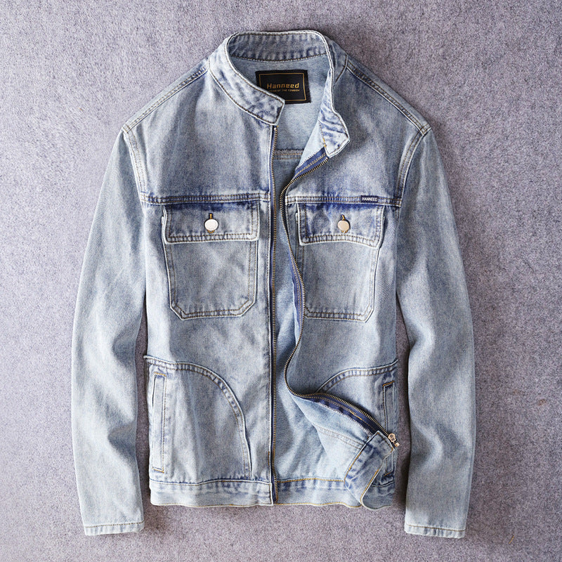 Men's Retro Washed Denim Jacket Stand Collar Japanese Style
