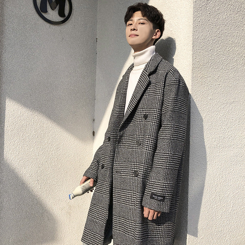 Men’s Retro Plaid Wool Coat – American-Style Spring/Autumn Jacket