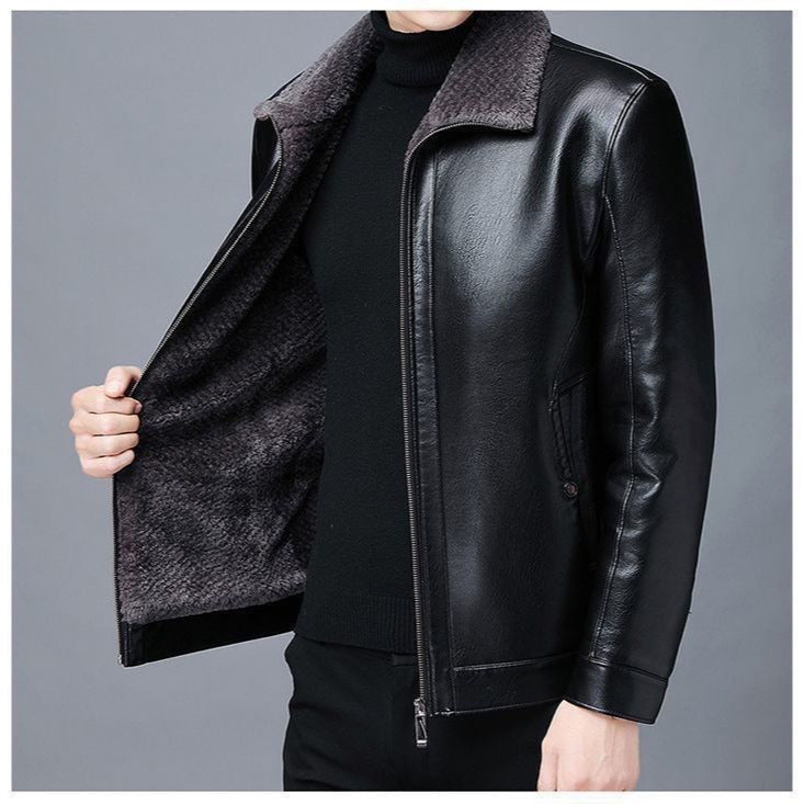 Men’s Genuine Leather Jacket Warm Plus Velvet Mid-Age Coat