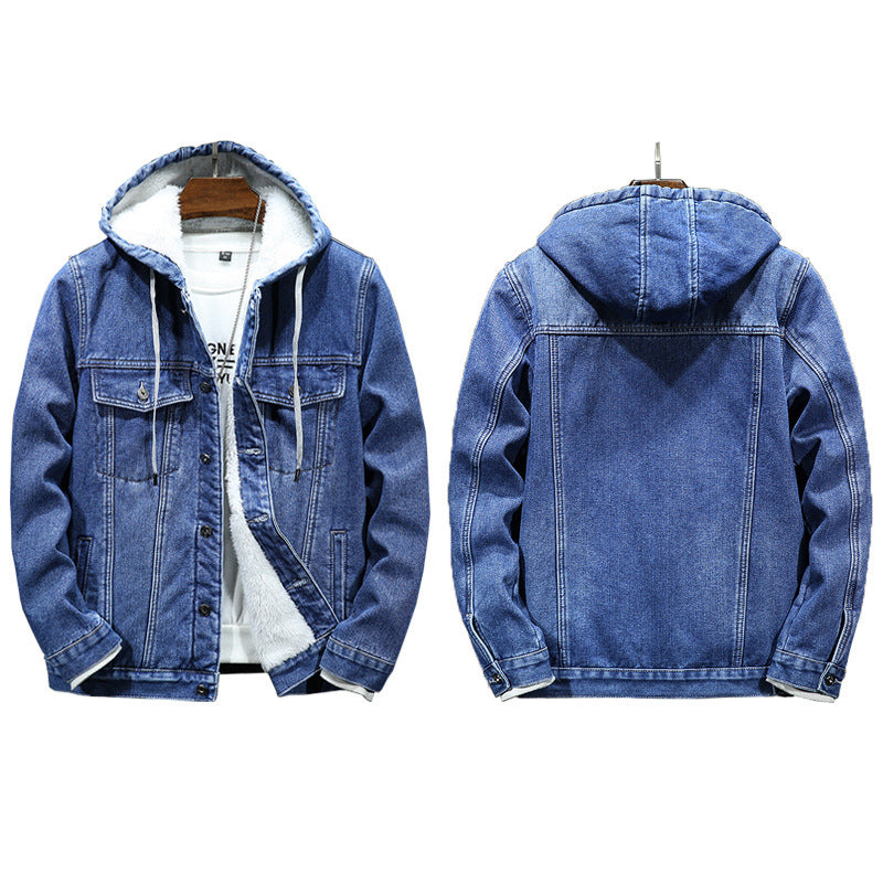 Men's Thickened Hooded Denim Jacket Plus Velvet Warm Winter Coat