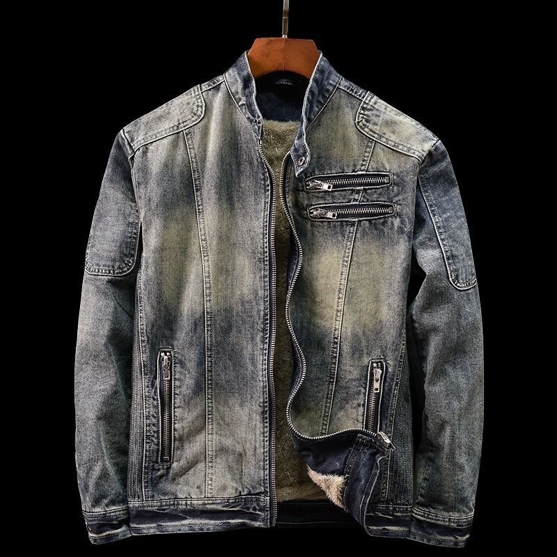Men's Motorcycle Denim Jacket Retro Zipper Autumn Winter Coat