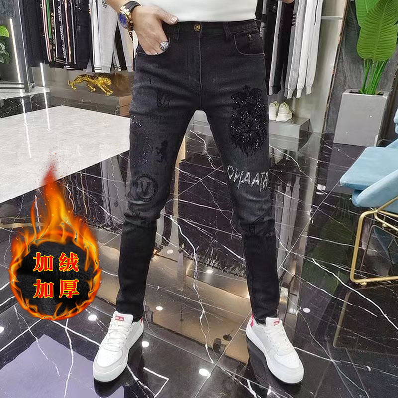 Black Slim Fleece Jeans with Rhinestone Embroidery
