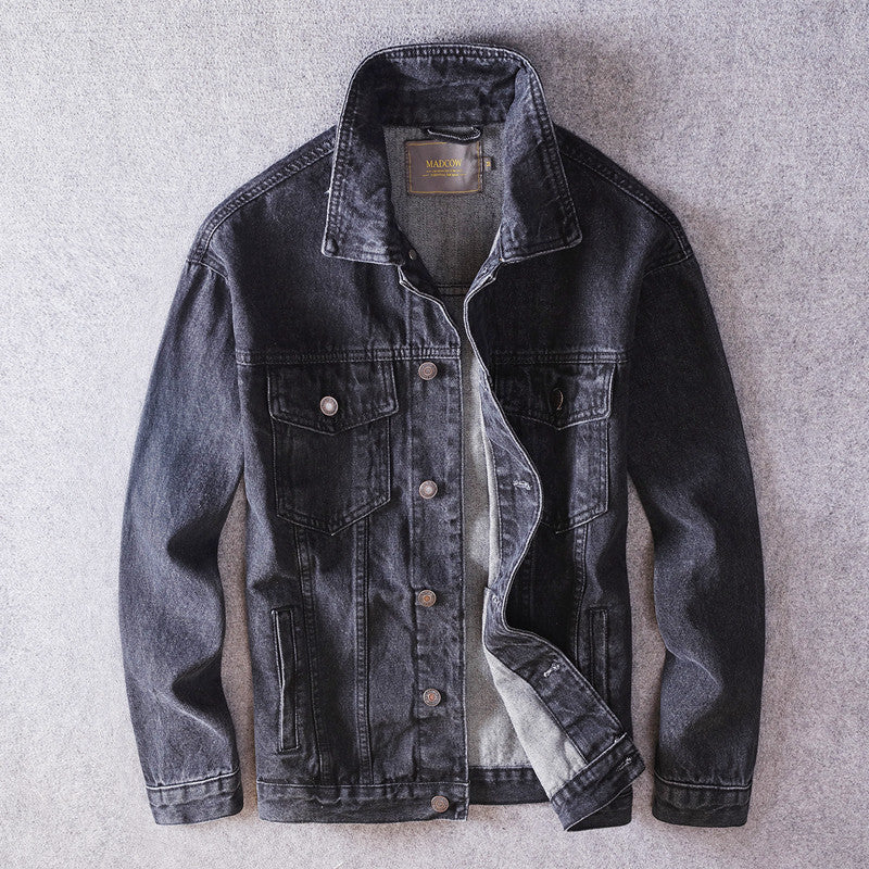 Men's Black Denim Jacket Micro Loose Fit Simple Autumn Style