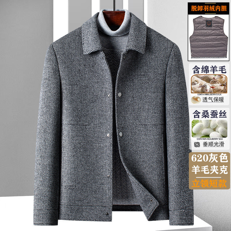 High-End Woolen Jacket with Detachable Down & Mulberry Silk Lining – Men’s Winter Coat