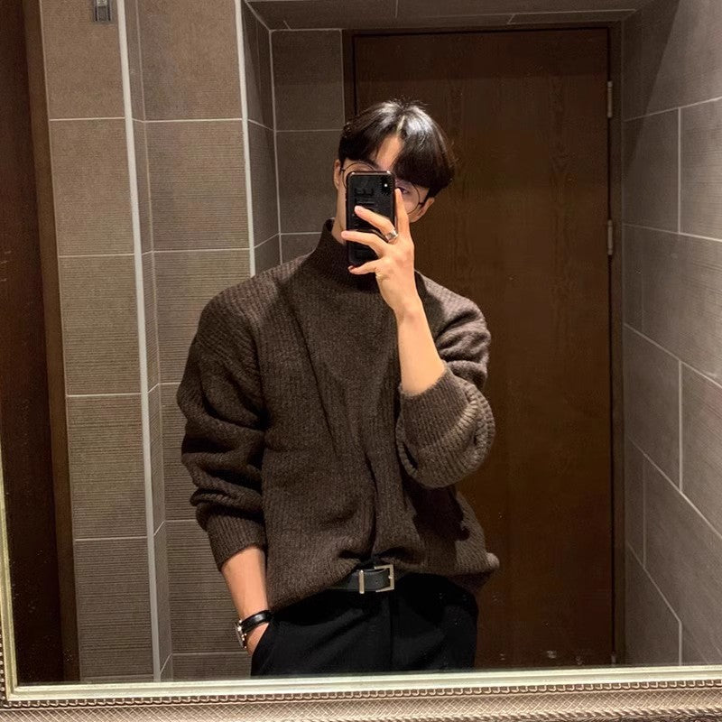 Men’s Brown Solid Knit Sweater – Trendy Korean Style