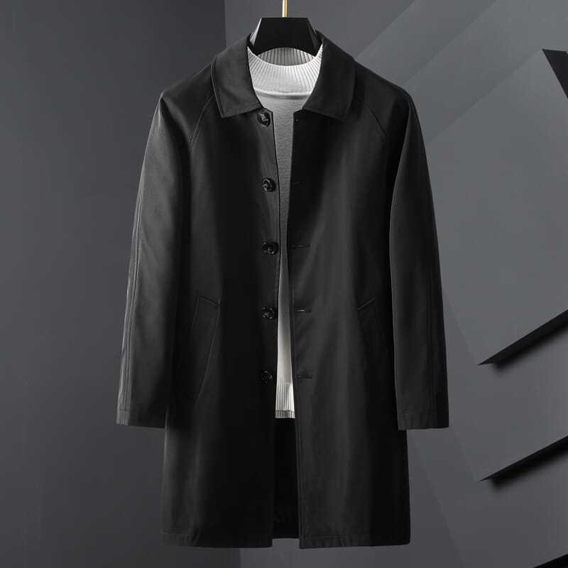 Men’s Black Mid-Length Windbreaker Autumn Winter Jacket