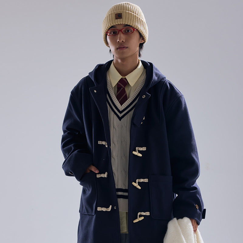 Men’s Quilted Woolen Coat – Long Hooded Duffle Buckle Jacket