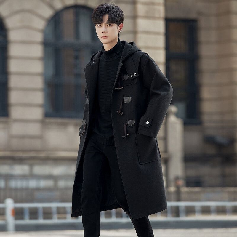Youth Woolen Corner Buckle Coat – Casual Mid-Length Men’s Jacket
