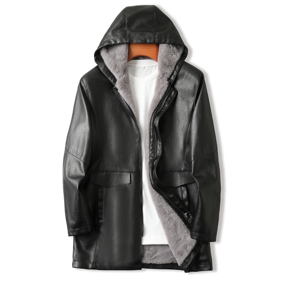 Men’s 2024 Autumn-Winter Mid-Length Hooded Leather Jacket