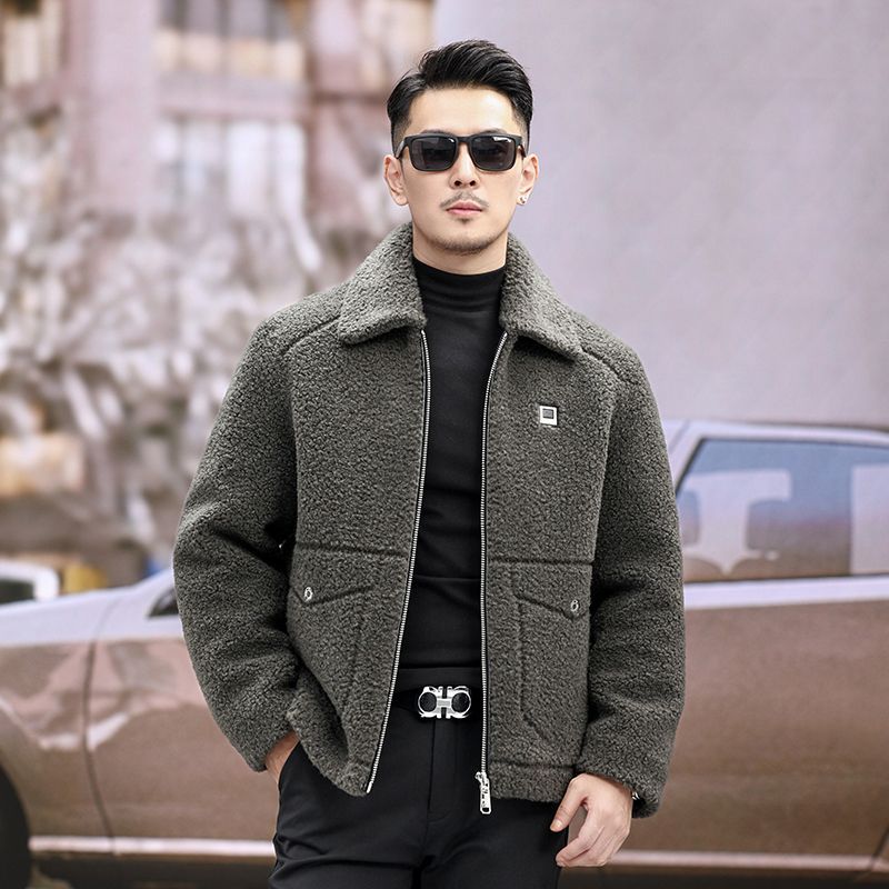 Men’s Granular Lambskin Jacket – Thick Lapel Winter Coat