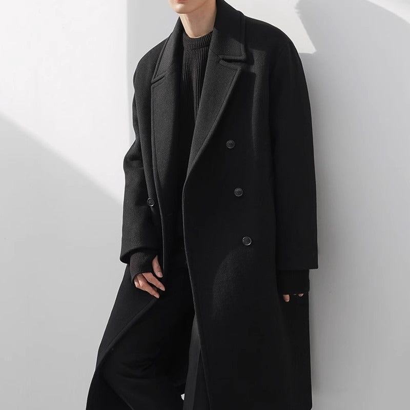 Men’s Thick Double-Sided Wool Coat – Over-the-Knee Loose Korean Outwear