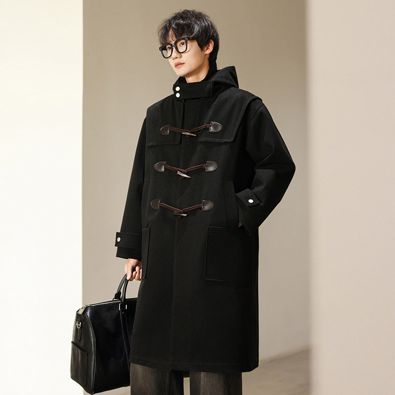 Men’s Woolen Horn Button Coat – Mid-Length Autumn/Winter Windbreaker