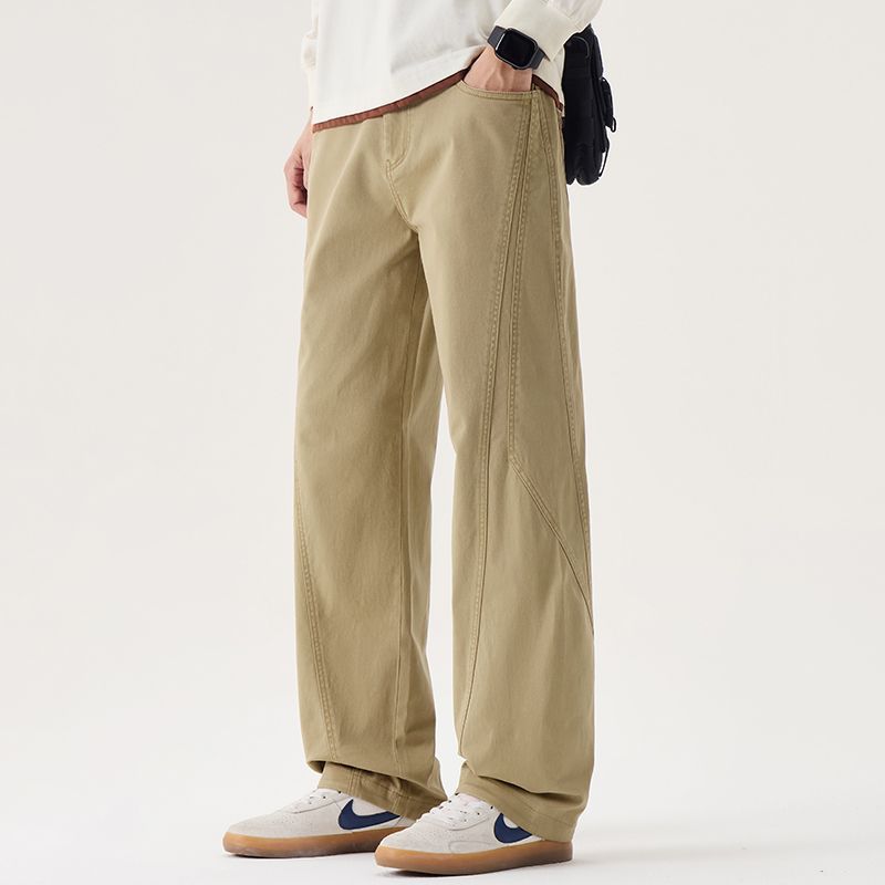 Shanggu Men's Washed Cotton Patchwork Loose Straight Pants