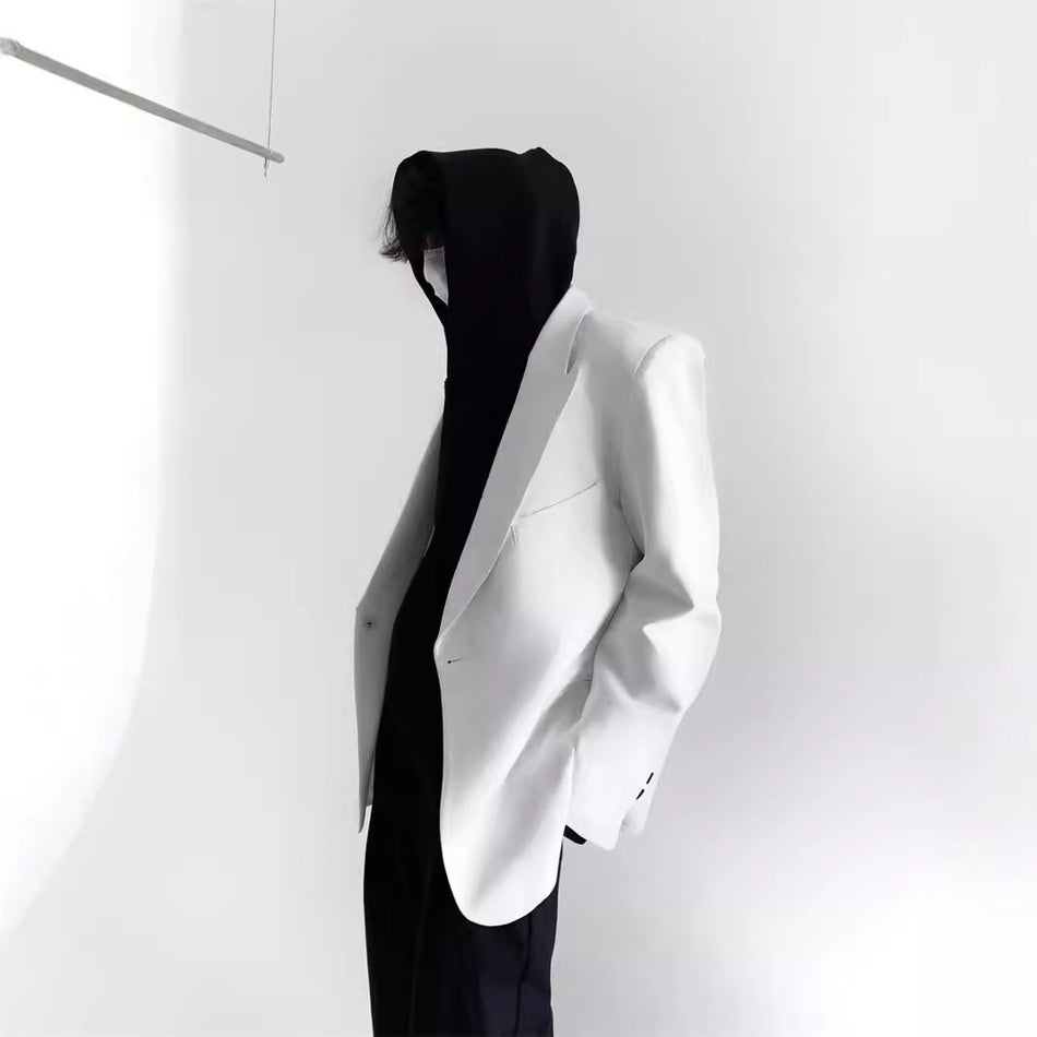 White Shoulder-Padded Men’s Suit Jacket – Korean Casual Style