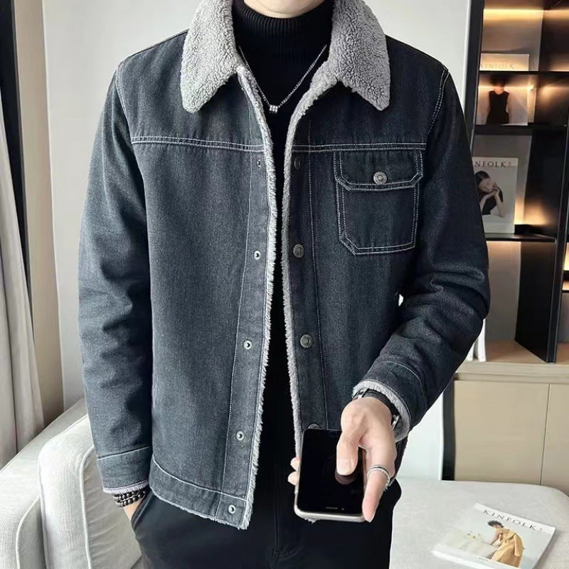 2025 Men’s Denim Jacket with Lambswool Lining – Winter Thickened Coat