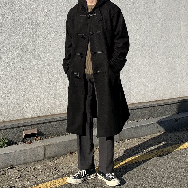 Japanese Woolen Overcoat – Men’s Horn Buckle Mid-Length Trench