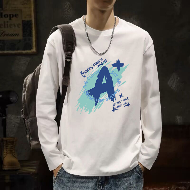 Men’s White Cotton Long Sleeve Korean Style T-Shirt