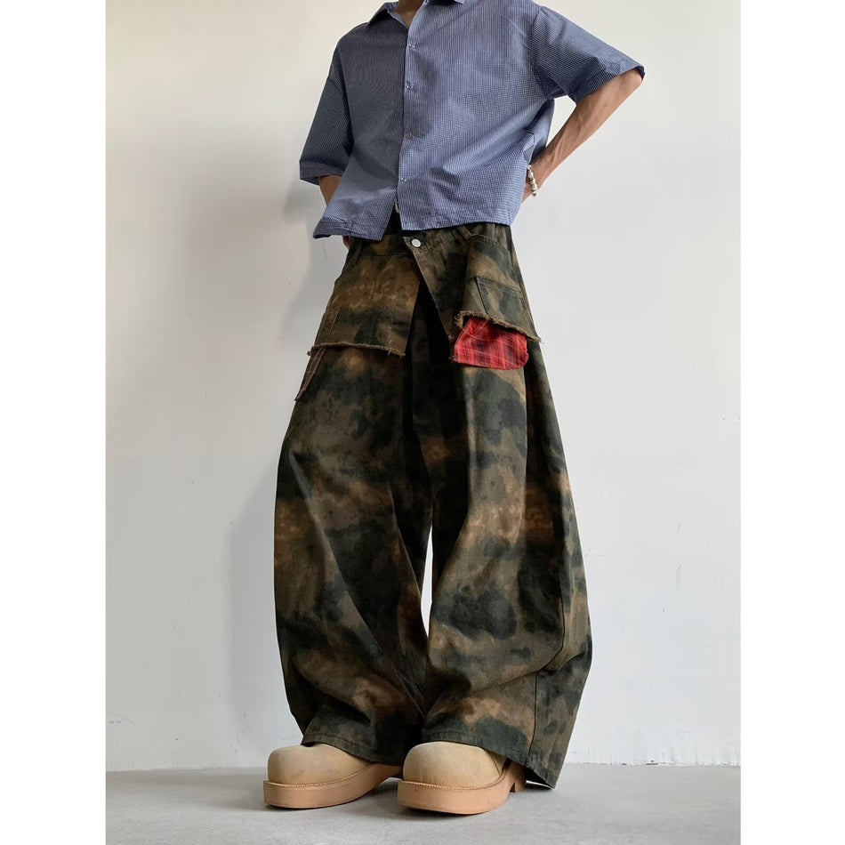 Camouflage Pleated Cargo Straight Pants Unisex