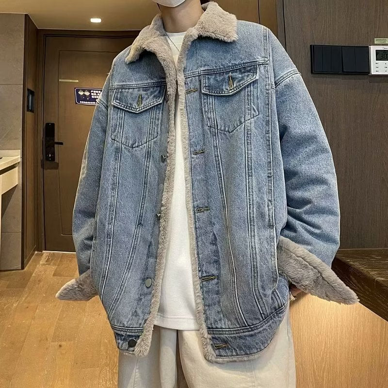 Men's Vintage Lamb Fleece Denim Jacket Loose Winter Cotton-Padded Coat