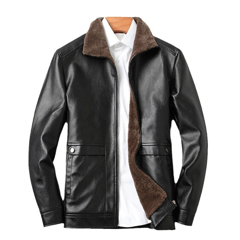 Men’s Winter Thickened Leather Jacket with Fur Stand Collar