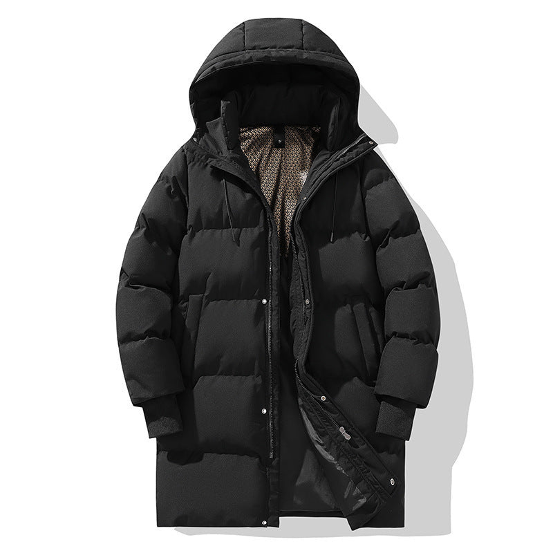 Men’s Mid-Length Hooded Cotton Jacket – Thick Fleece & Warm