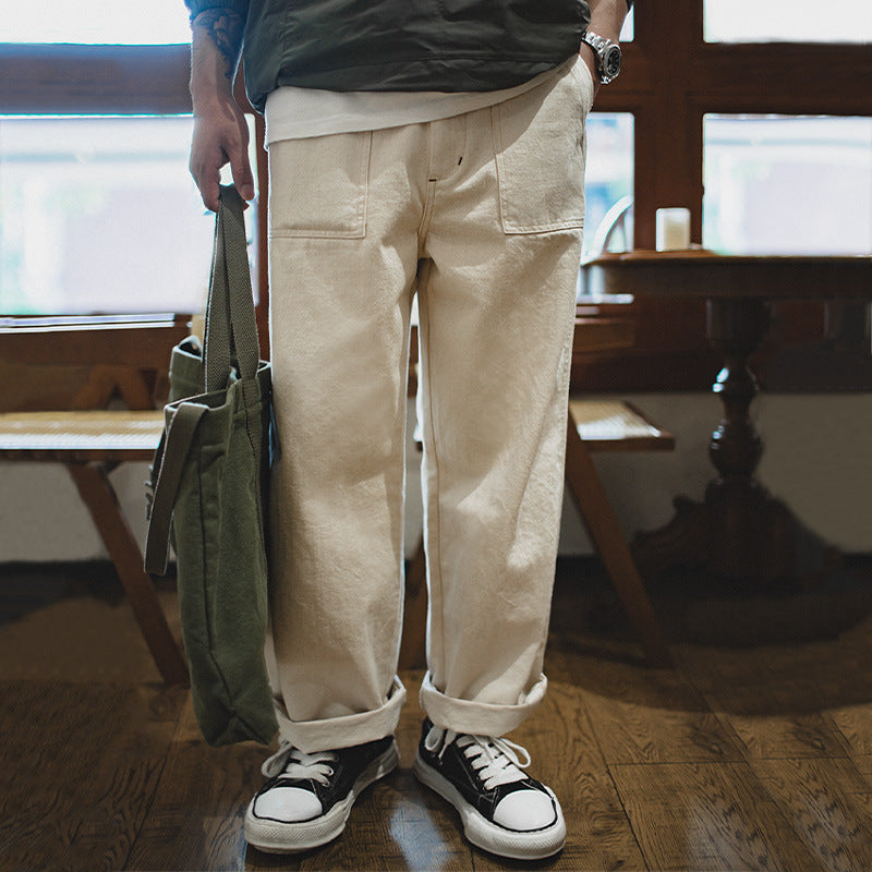 Vintage Creamy White Work Jeans Men Autumn