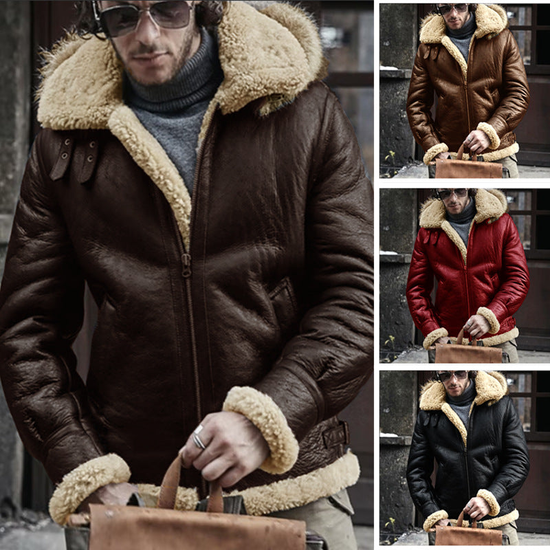 Men’s European Style Fur-Integrated Winter Coat – Faux Lamb Fur Warm Jacket