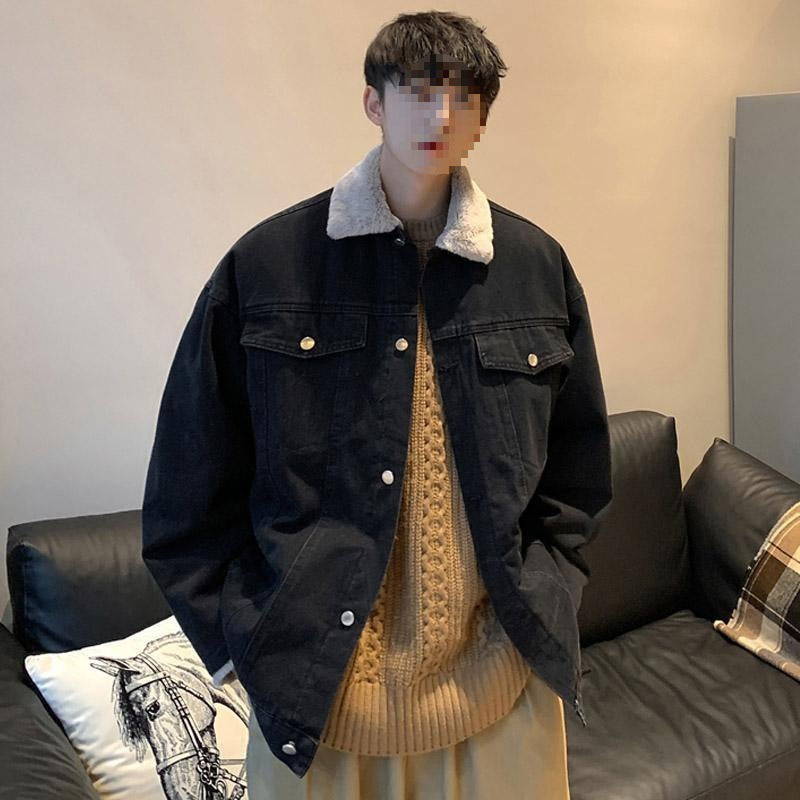Men's American-Style Denim Jacket Fleece-Lined Thick Warm Coat