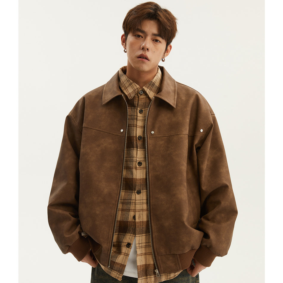American Retro Lapel Leather Jacket Men Spring Autumn