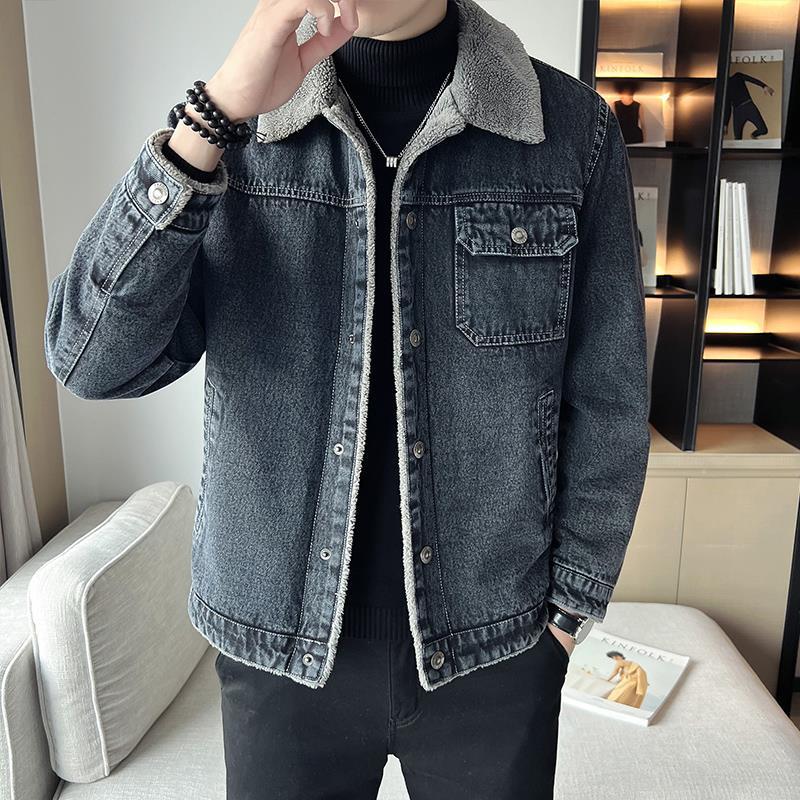 Men's Winter Denim Jacket Fleece-Lined Thickened Lamb Wool Collar