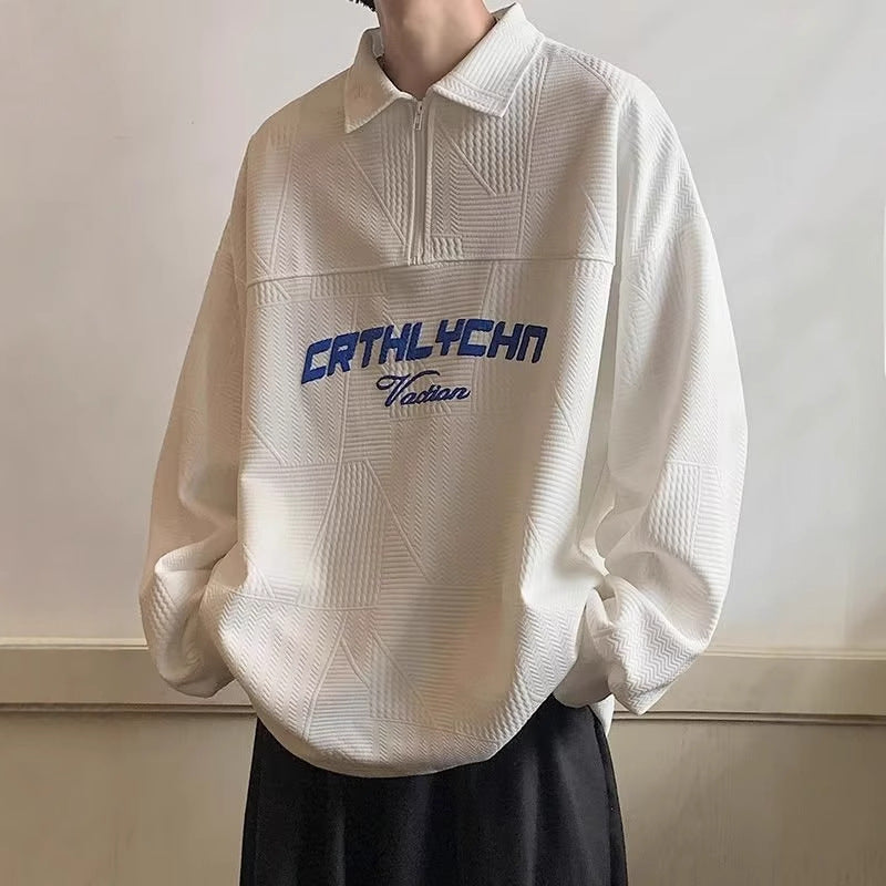 Men’s Japanese Retro Sweatshirt – Letter Print Half-Zip