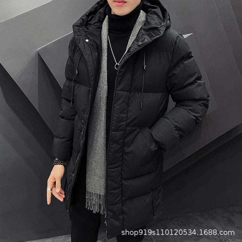 Men’s Mid-Length Cotton-Padded Jacket – Thick Hooded Winter Coat