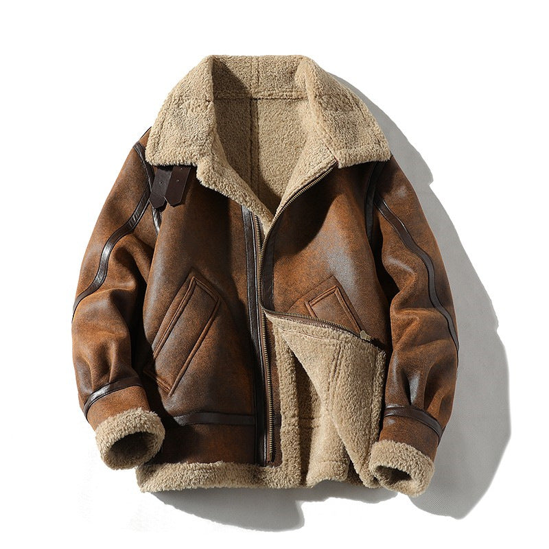 Men’s Vintage Suede Lambswool Jacket – Fleece-Lined Motorcycle Leather Winter Coat