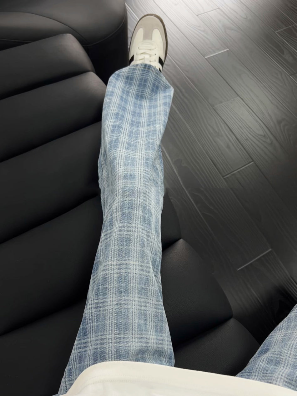 Blue Plaid Retro Men’s Wide-Leg Cargo Jeans